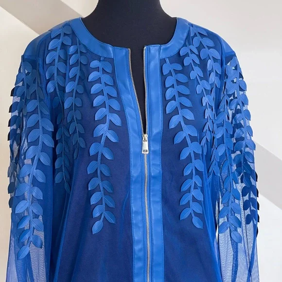 Colleen Lopez Vibrant Blue Sheer Faux Leather Jacket Women’s Sz S Leaf Details - Picture 4 of 13